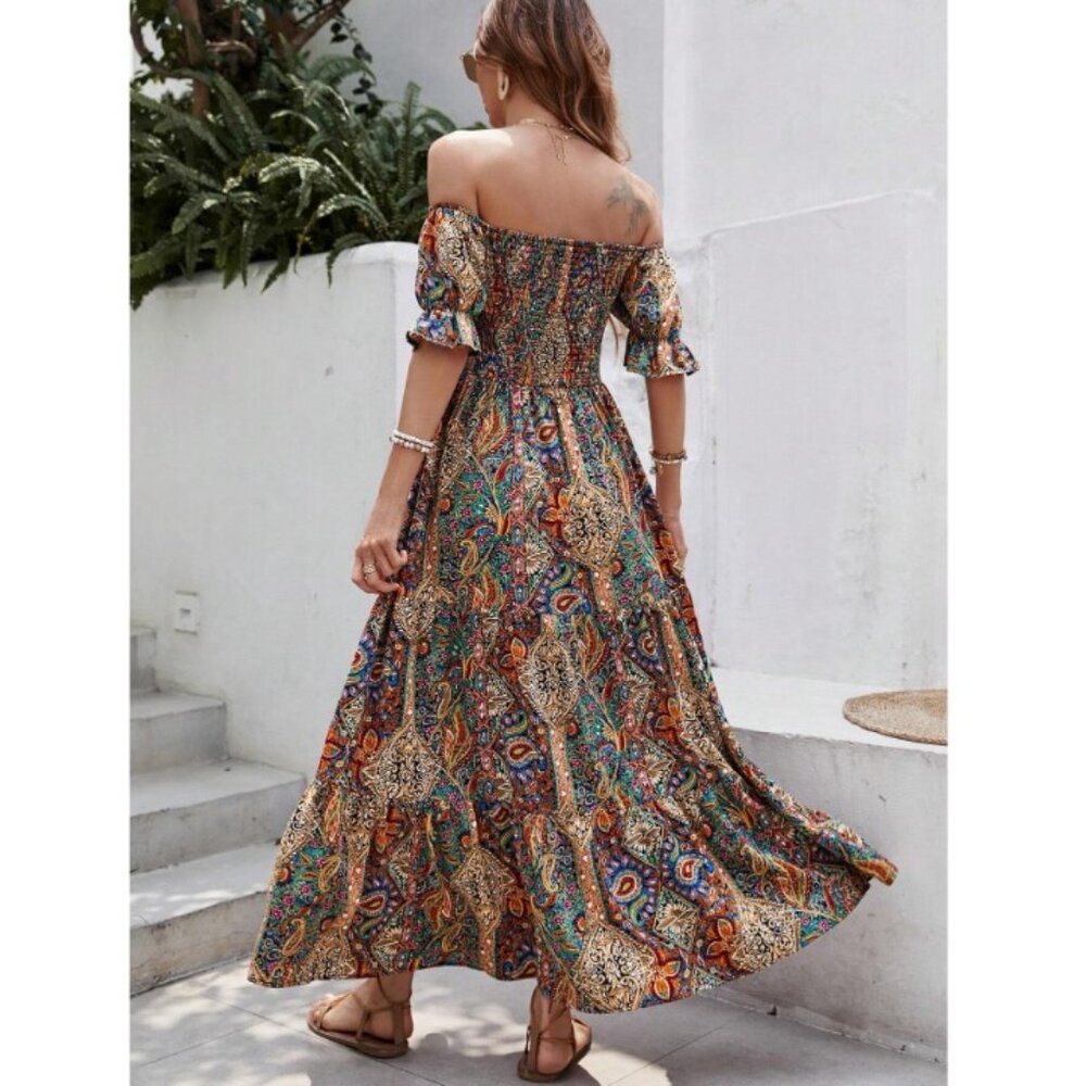 Off the shoulder short sleeve shirred maxi dress boho paisley print raibow - Picture 2 of 2